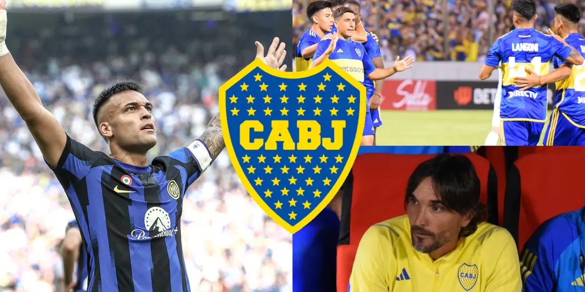 Lautaro Martínez festejando un gol junto a Diego Martínez y varios jugadores de Boca.