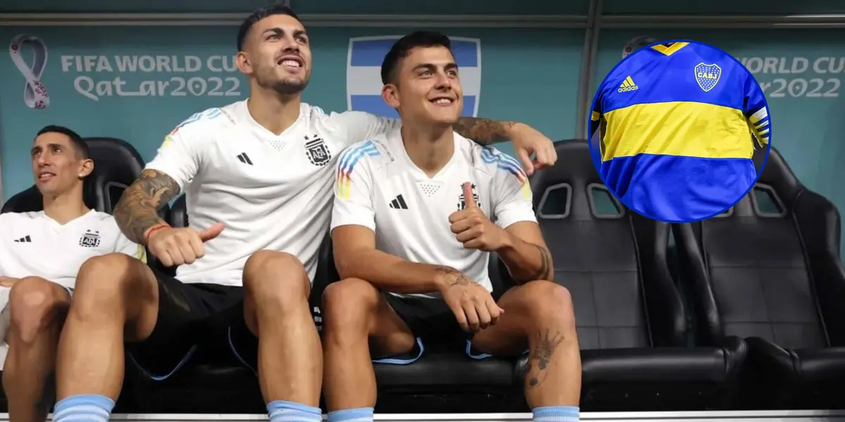 Leandro Paredes y Paulo Dybala en el Mundial de Qatar 2022 y una camiseta de Boca.