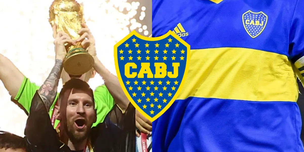 Lionel Messi levantando la Copa del Mundo y la camiseta de Boca.