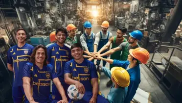 Los jugadores de Boca posando con la nueva camiseta y trabajadores de fondo.