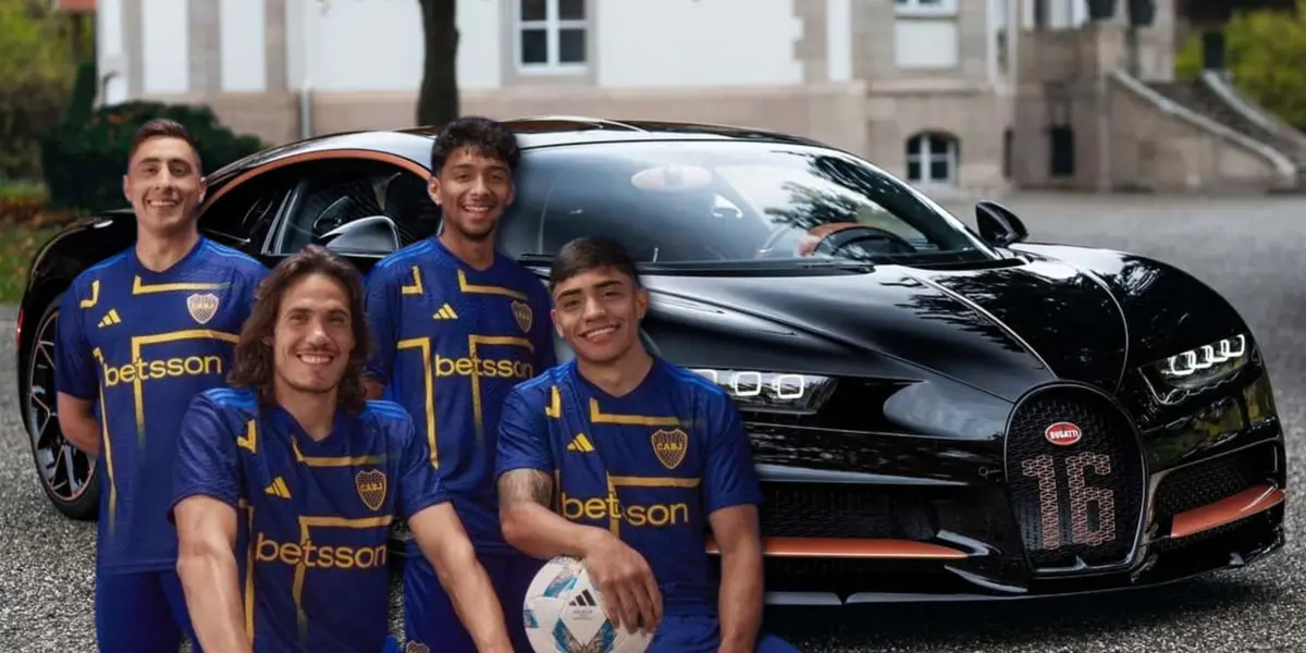Los jugadores de Boca posando y detrás, un Bugatti Chyron.