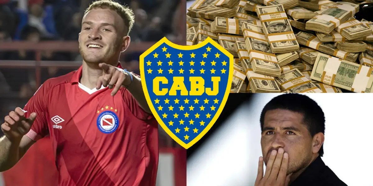 Luciano Gondou en Argentinos y Riquelme a su lado.