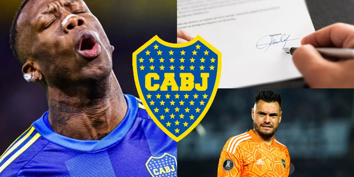 Luis Advíncula junto a Sergio Romero y una persona firmando un contrato.