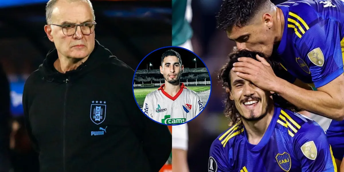 Marcelo Bielsa con el buzo de Uruguay y Merentiel besando a Cavani.