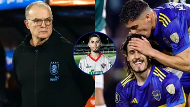 Marcelo Bielsa con el buzo de Uruguay y Merentiel besando a Cavani.