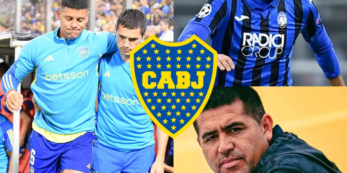 Marcos Rojo lesionado y a su lado, Juan Román Riquelme.