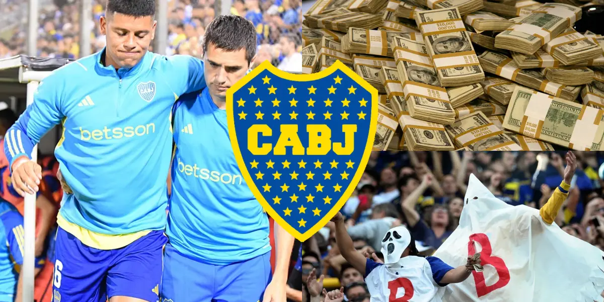 Marcos Rojo y de fondo, hinchas de Boca con el disfraz del fantasma de la B.