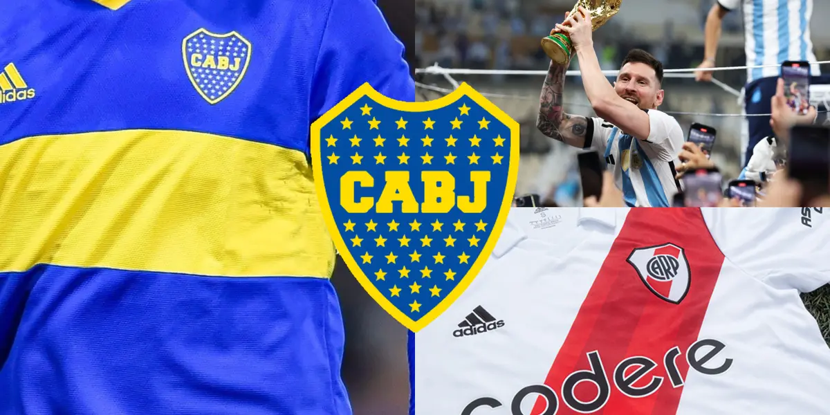 Messi levantando la Copa del Mundo y las camisetas de Boca y River.