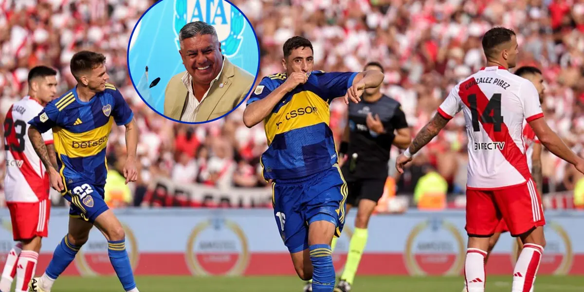 Miguel Merentiel festejando su gol ante River y Chiqui Tapia a su lado.