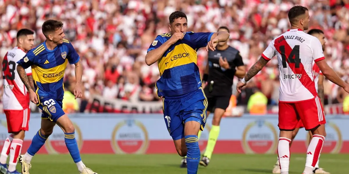 Miguel Merentiel festejando su gol frente a River.