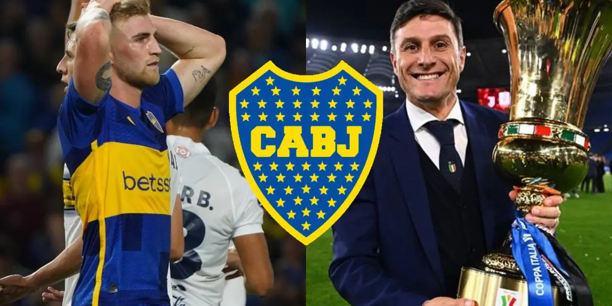 Nicolás Valentini agarrándose la cabeza y Javier Zanetti levantando la Copa Italia a su lado.