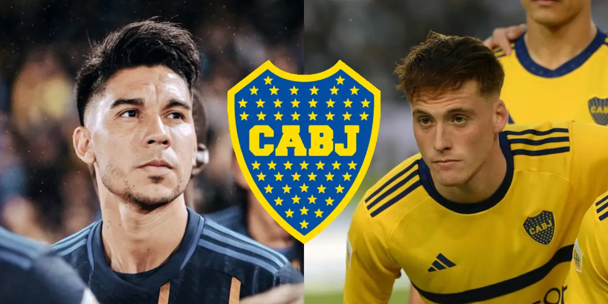 Pol Fernández con la camiseta alternativa de Boca junto a Jabes Saralegui.