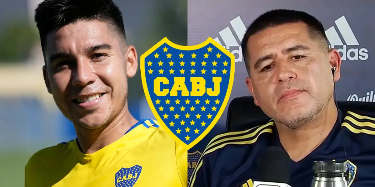Pol Fernández en un entrenamiento de Boca junto a Riquelme.