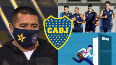 Riquelme con barbijo junto a distintos jugadores de Boca en pleno entrenamiento.