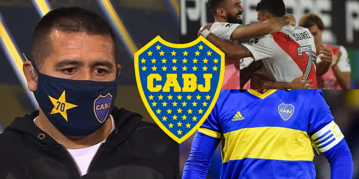 Riquelme junto a una camiseta de Boca y jugadores de River.