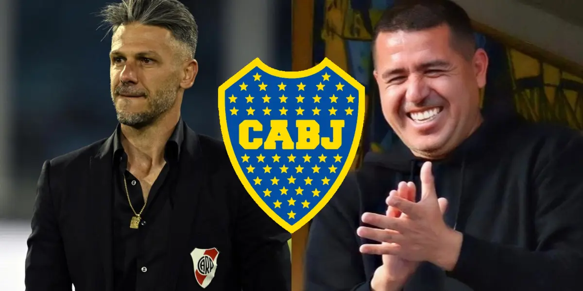 Riquelme riéndose en el palco de la Bombonera y a su lado Demichelis.