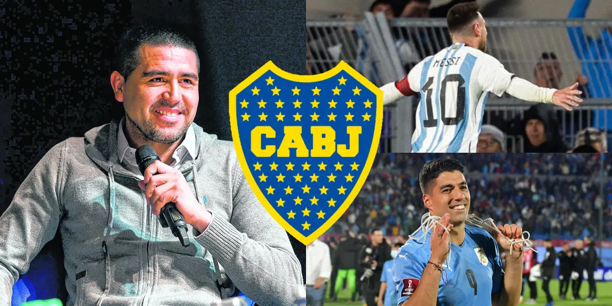 Riquelme sonriendo y a su lado Messi y Luis Suárez.
