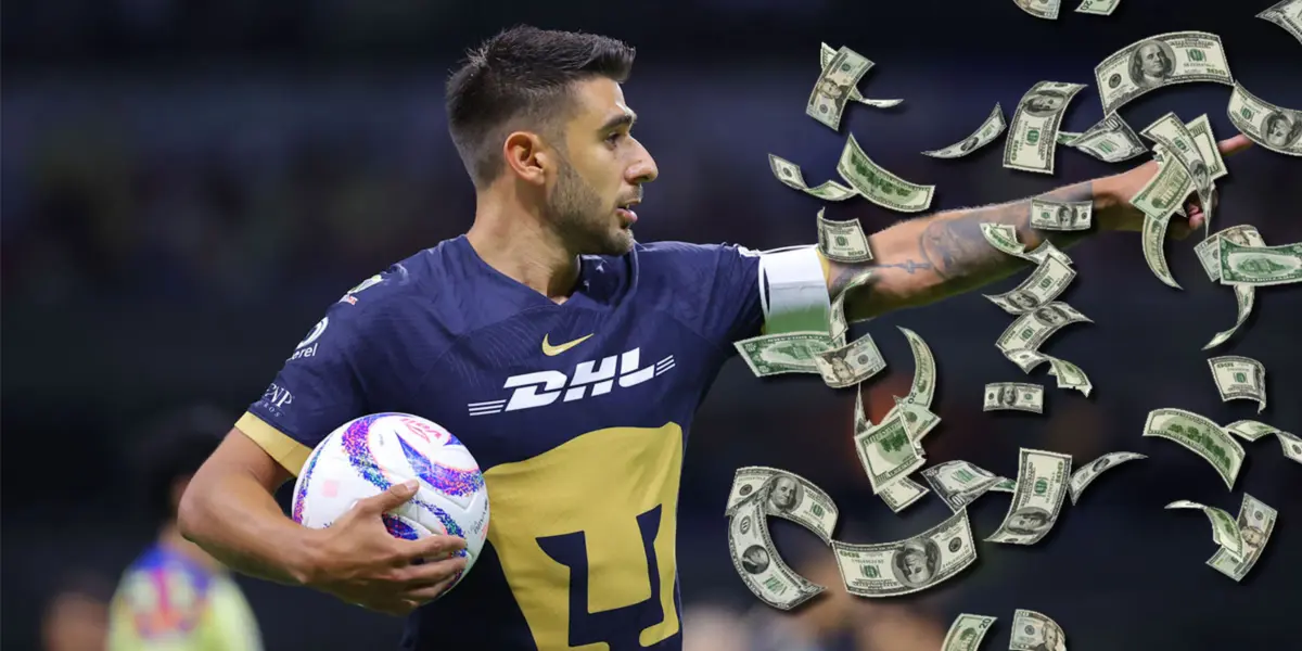 Salvio con la camiseta de Pumas y billetes cayendo.