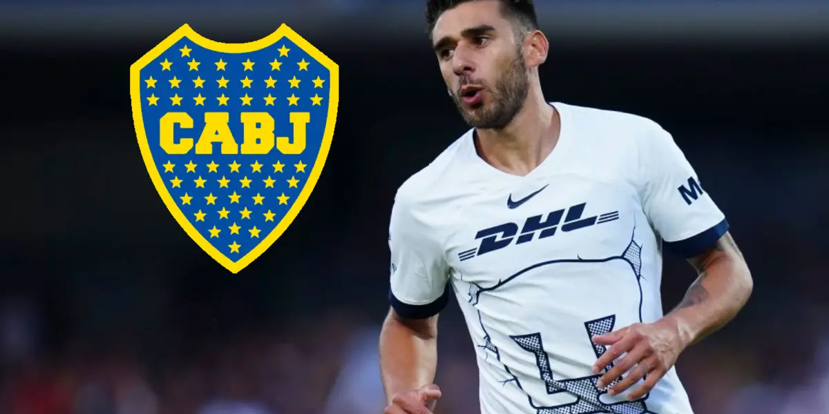 Salvio con la camiseta de Pumas y el escudo de Boca a su lado.