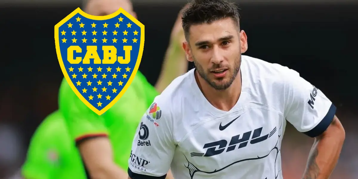 Salvio con la camiseta de Pumas y un escudo de Boca a su lado.