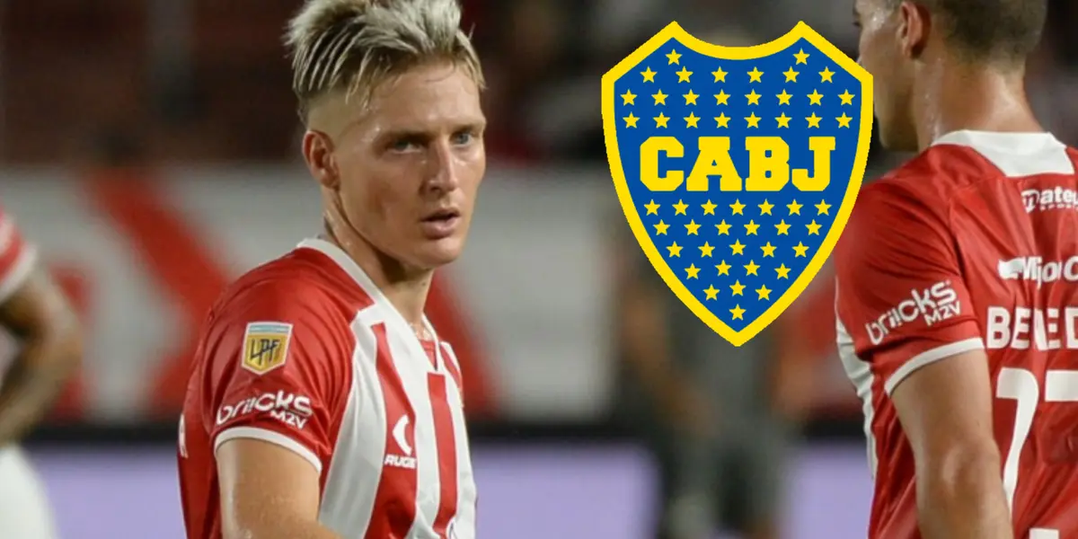 Santiago Ascacibar con Estudiantes y a su lado el escudo de Boca.