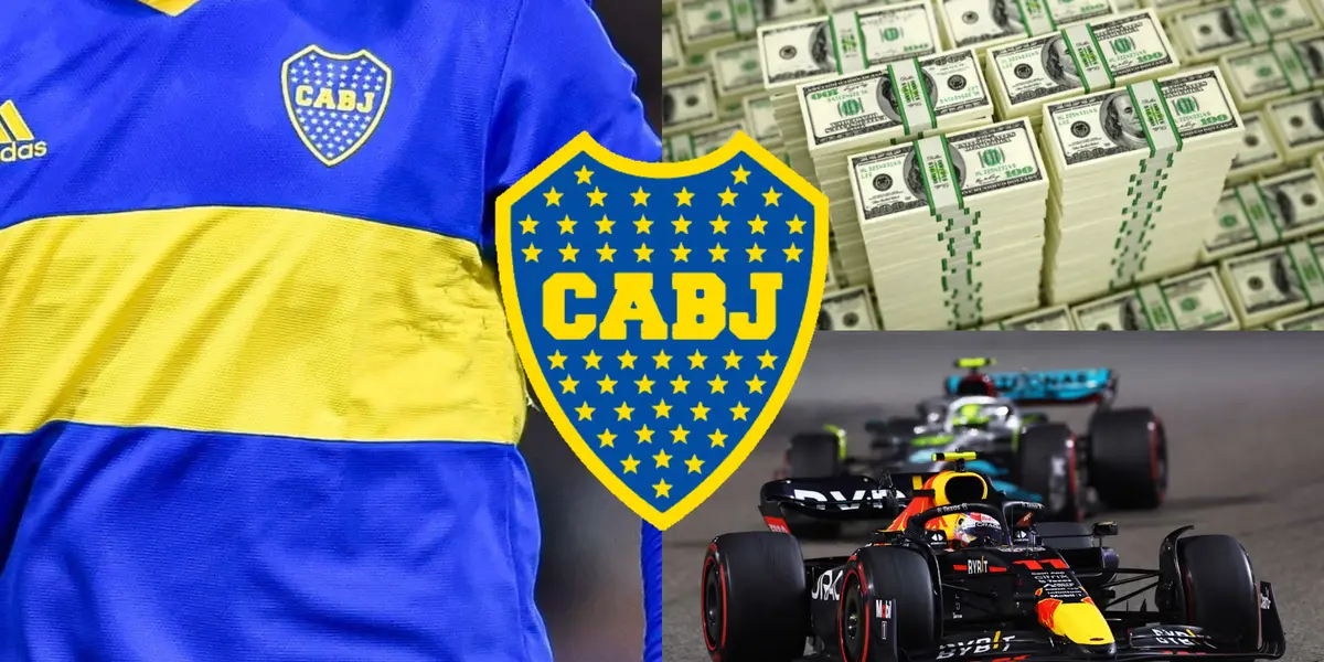 Un jugador de Boca misterioso y a su lado un monoplaza de Red Bull.