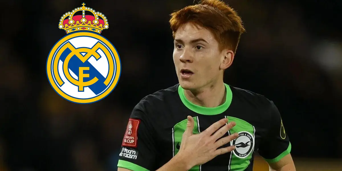 Valentín Barco con la camiseta del Brighton y el escudo del Real Madrid.