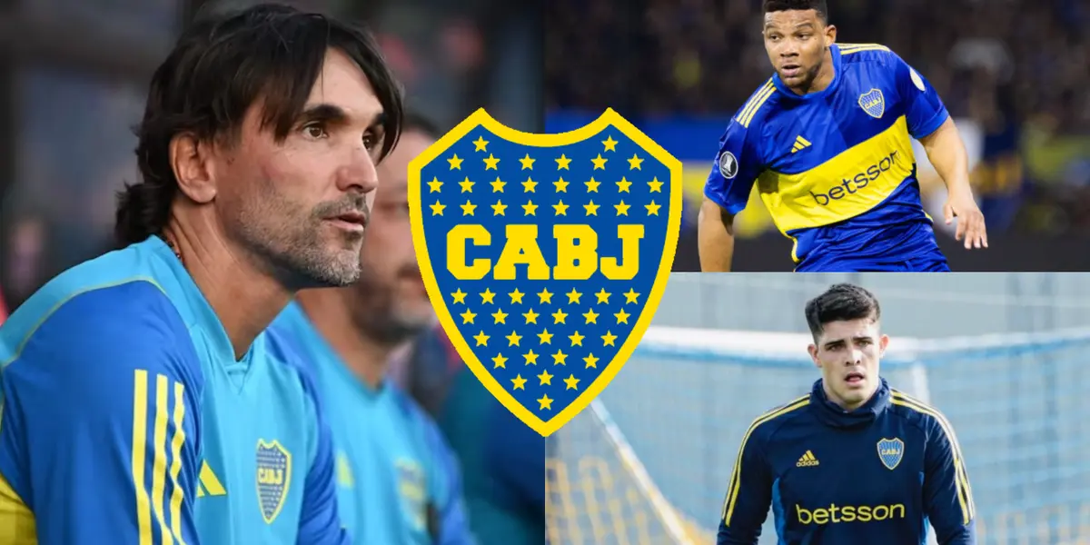Diego Martínez en el banco de Boca y a su lado Taborda y Fabra.