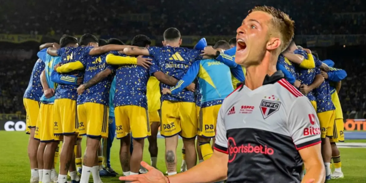 Giuliano Galoppo y de fondo el plantel de Boca.