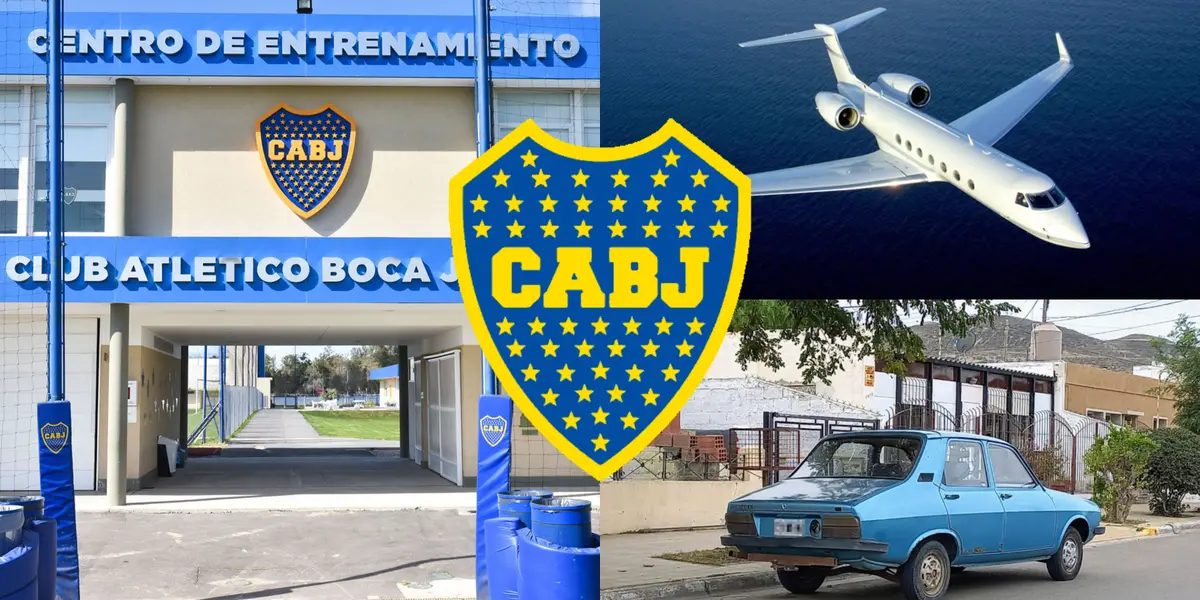 La entrada de Boca Predio y a su lado un Renault 12 y un avión privado.