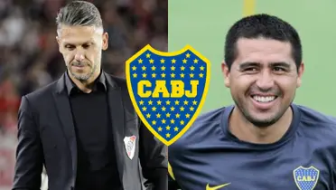 Riquelme sonriendo junto a Demichelis decepcionado.